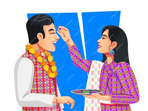 Premium Vector | Nepali woman giving blessings to the brother by putting tika on his forehead ...