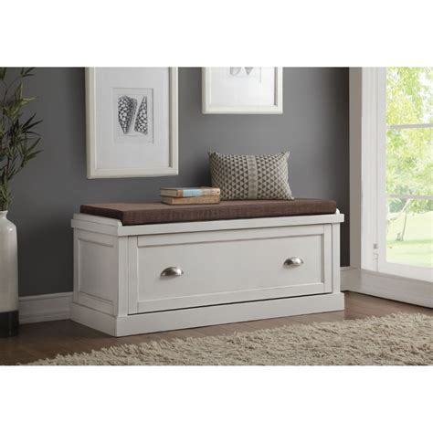 Wooden Bench with Fabric Upholstered Seat Cushion & Storage Drawer, White - Walmart.com ...