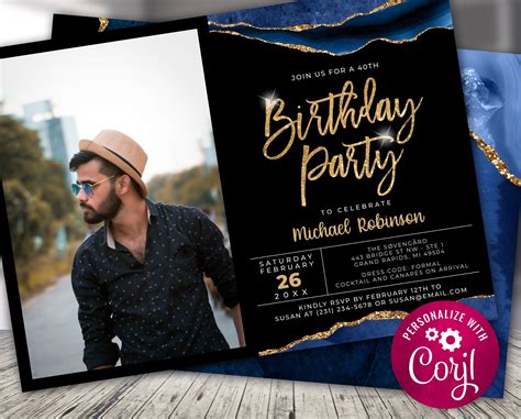 Blue and Gold Birthday Invitation Template Photo Invite - Etsy