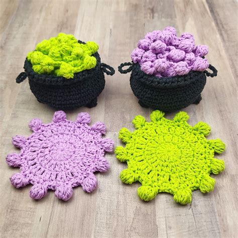 Crochet Cauldron Coasters, Bubbling Witch Cauldron, Halloween Decor, Creepy Cute, Spooky, Cotton ...