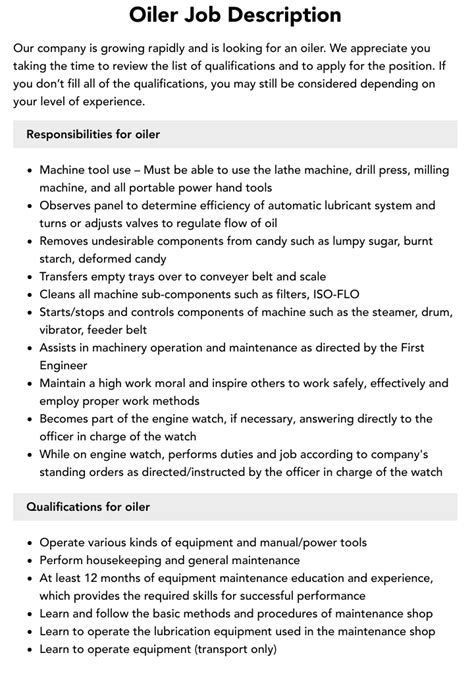 Oiler Job Description | Velvet Jobs