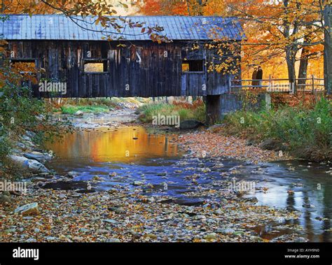 Old covered bridge amid fall foliage near Grafton, Vermont in New ...