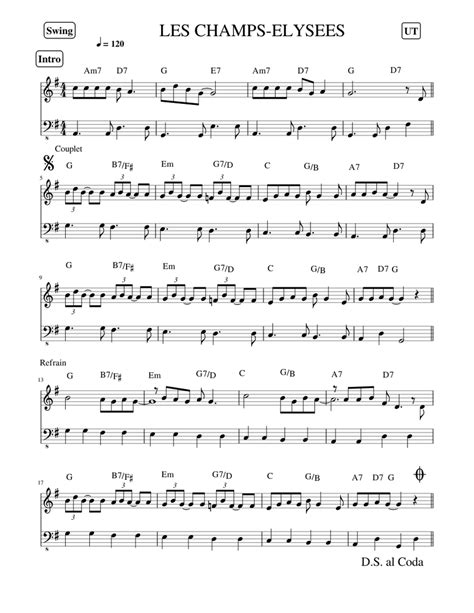 LES CHAMPS-ELYSEES Sheet music for Saxophone alto, Bass guitar (Mixed Duet) | Musescore.com