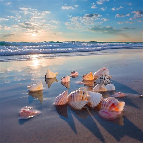 Premium AI Image | illustration of Glassy beach horizon sea shells