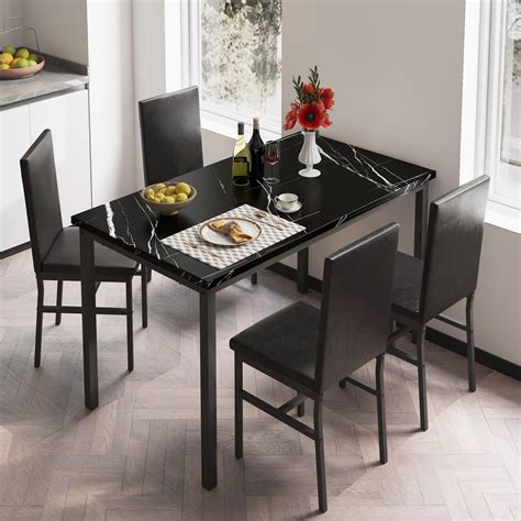 D8913 Modern 5 Piece Dining Set with Faux Marble Tabletop and PU ...