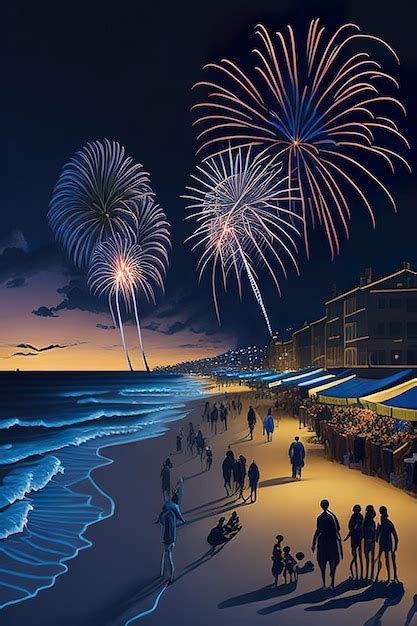 Premium AI Image | Fireworks at night on the beach with people Generative AI