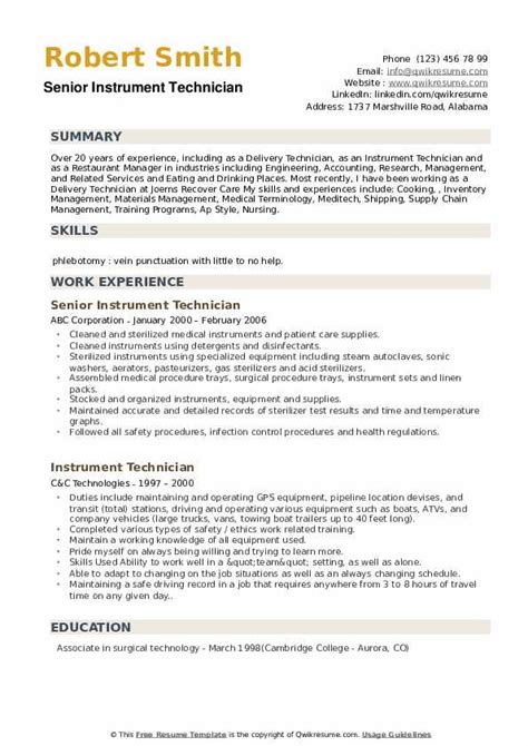 Instrument Technician Resume Samples | QwikResume