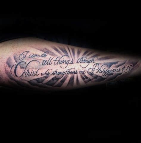 Male With Tattoo Of Philippians 4 13 Bible Verse On Outer Forearm #beautytatoos in 2020 | Verse ...