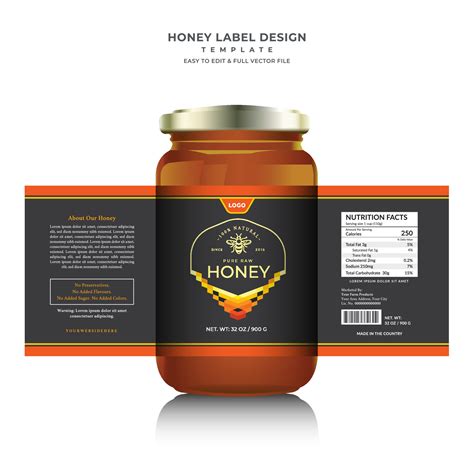 Bee hive pure Honey design glass jar bottle, creative and modern health product branding black ...