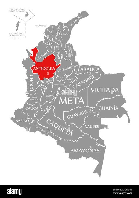 Antioquia resaltada en rojo en el mapa de Colombia Fotografía de stock ...