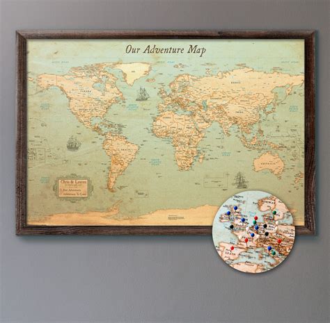 Large Personalized Push Pin World Map 24x36 Rustic