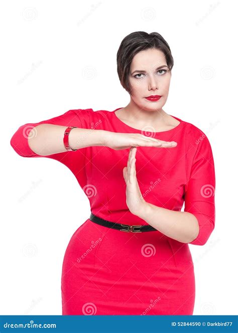 Beautiful Plus Size Woman in Red Dress Showing Time Out Gesture Stock Photo - Image of body ...