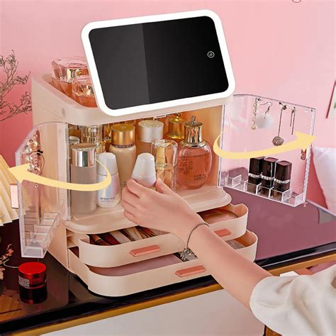 Rotating Mirror LED Cosmetic Storage Box Organizer Makeup Jewelry Port ...