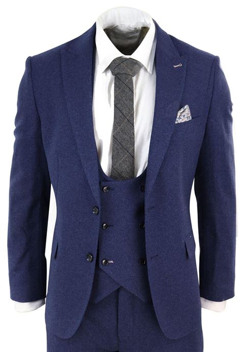 Men Wool 3 Piece Suit Blue Double Breast Waistcoat Short Reg - Etsy UK