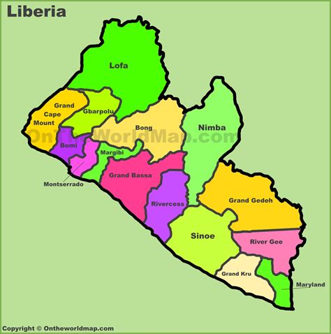 Administrative divisions map of Liberia - Map of Counties of Liberia - Ontheworldmap.com