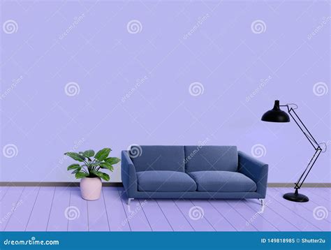 Modern Interior Design of Purple Living Room with Sofa an Plant Pot on White Glossy Wooden Floor ...