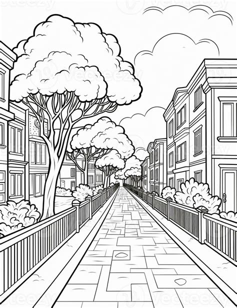 a drawing of a street with trees and buildings on both sides ...