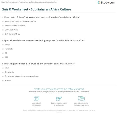 Quiz & Worksheet - Sub-Saharan Africa Culture | Study.com