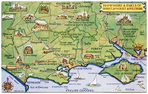 Postcard map of Hampshire and parts of Dorset, Somerset, and Wiltshire | Dorset map, Postcard, Map