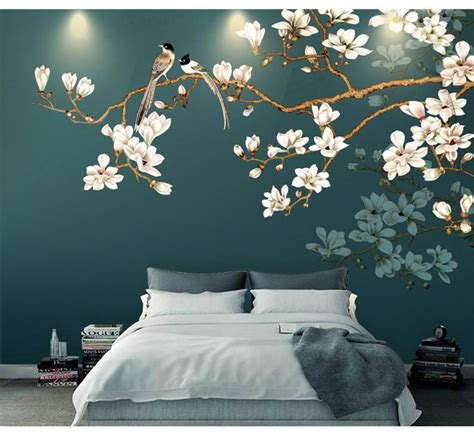 Hand Painting Hanging Branch Tree Flowers and Birds Wallpaper Wall ...