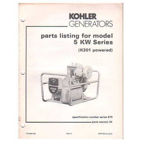 Original 1982 Kohler Generator Parts Listing For Model 5 KW Series No. TP-5036 (Collectible)