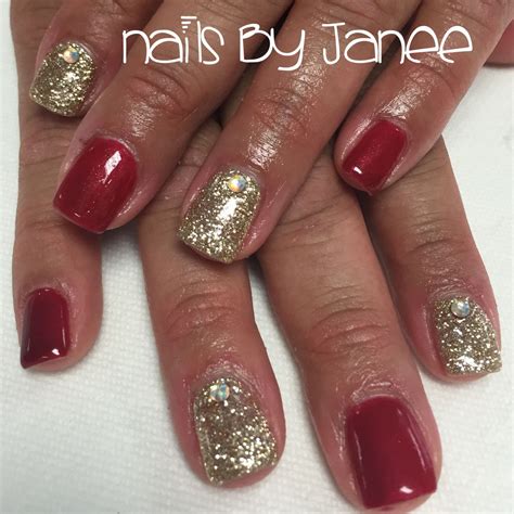 Red and gold glitter gel nails by Janee | Glitter gel nails, Nails ...