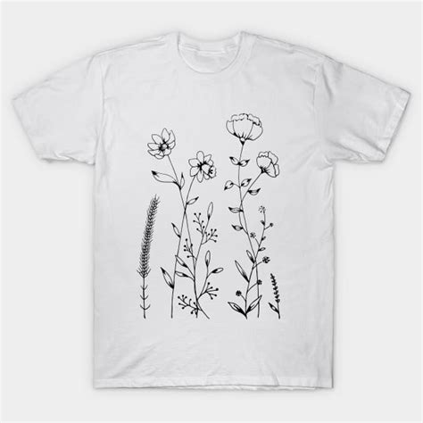 Simple Black and White Flowers and Leaves Design - Line Art Drawing - T ...