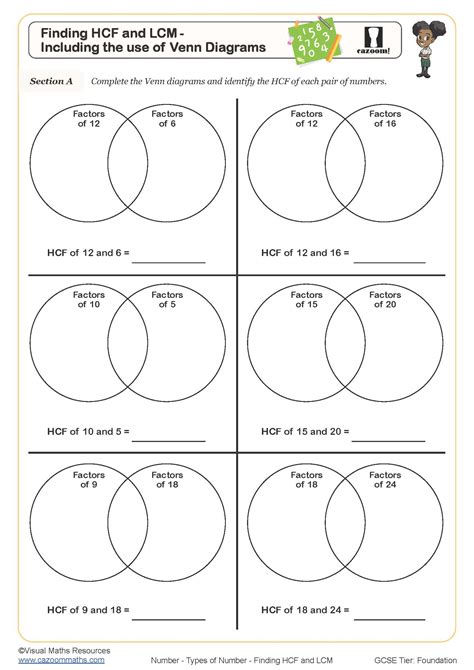 Finding HCF and LCM - Including the Use of Venn Diagrams Worksheet ...