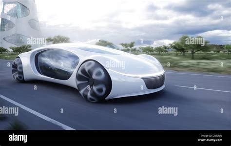 Futuristic electric car very fast driving on highway. Futuristic city ...