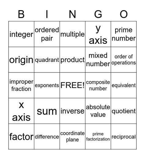 Math Bingo Card