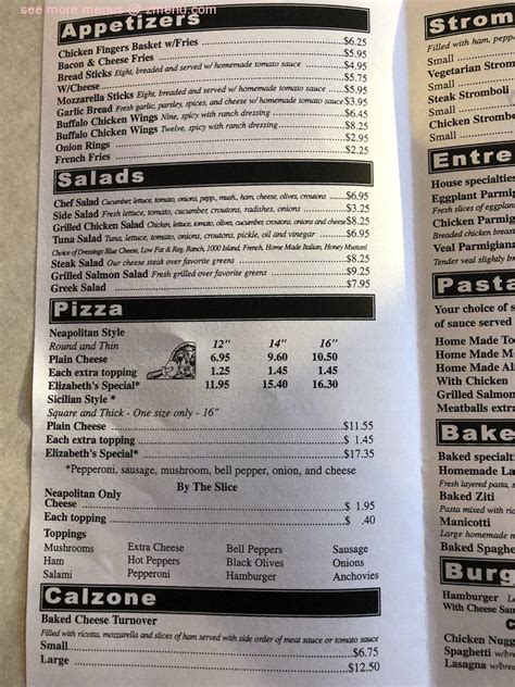 Menu at Elizabeth's Pizza pizzeria, Collinsville, Virginia Ave