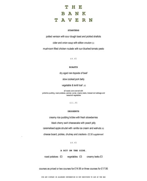 The Bank Tavern Menu Bristol