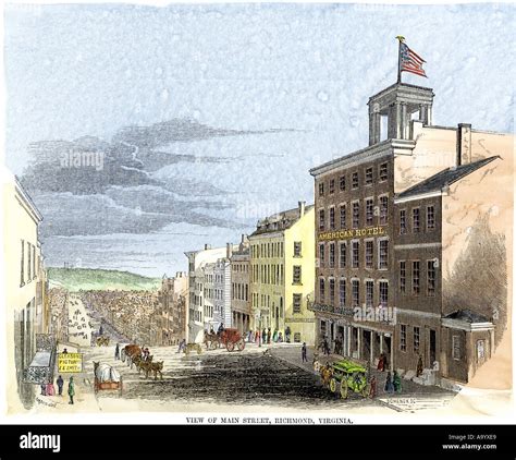 Main Street in Richmond Virginia before the Civil War 1850s. Hand-colored woodcut Stock Photo ...