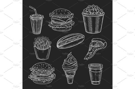 Fast food lunch meal chalk sketch on blackboard | Fast food menu, Fast food, Menu board design