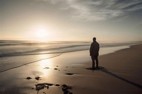 Premium AI Image | Man standing alone on a beach during sunrise generative ai