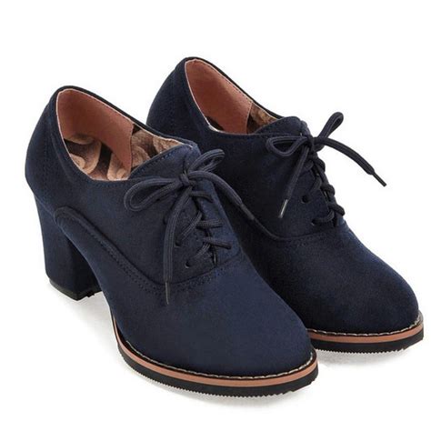 Blue Navy Suede School Lace Up High Heels Oxfords Shoes High ...