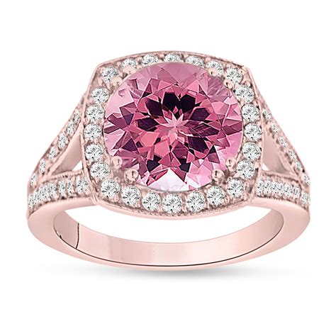 Pink Tourmaline Engagement Ring 14K Rose Gold 3.25 Carat Pave Halo ...