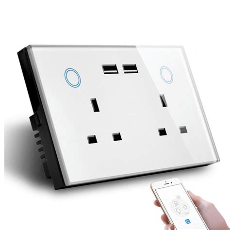 MAKEGOOD 2 Gang WIFI Smart USB Wall Socket UK Electrical Plug Outlet 15A Power Touch Switch ...