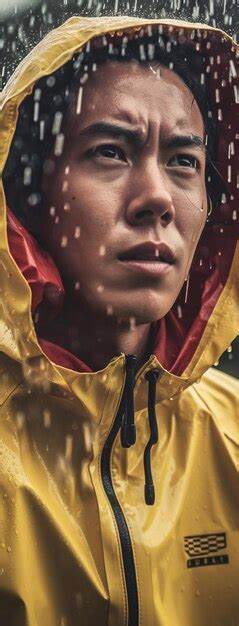 Premium Photo | A woman wearing a yellow raincoat and a yellow raincoat with the word rain on it