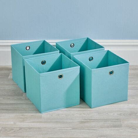 Folding Aqua Blue Square Storage Utility Box 4 Piece Fabric Cube Set Basket Bag
