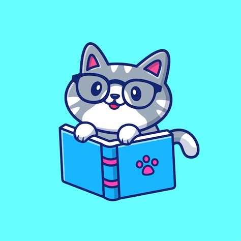 Premium Vector | Cute cat reading book cartoon icon illustration. animal education icon concept ...