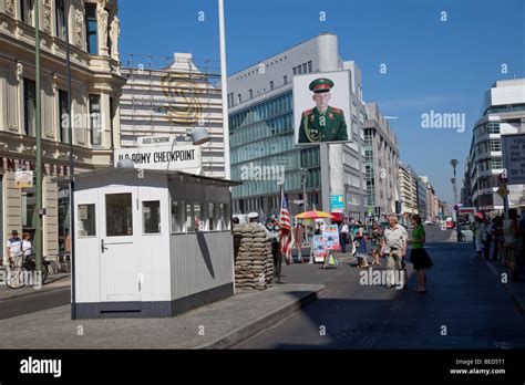 Checkpoint Charlie, former crossing point in Berlin Wall during Cold War, Berlin, Germany Stock ...