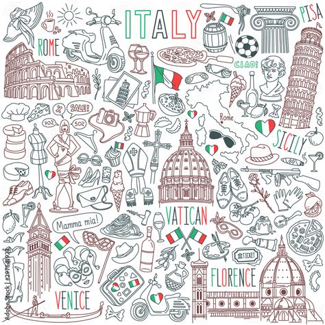 Italy doodle set. Famous landmarks and traditional Italian symbols ...