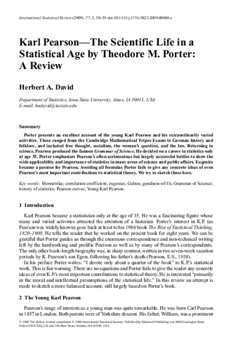 (PDF) Karl Pearson-The Scientific Life in a Statistical Age by Theodore ...