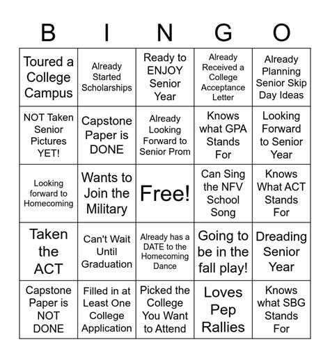 Senior Year Bingo Card