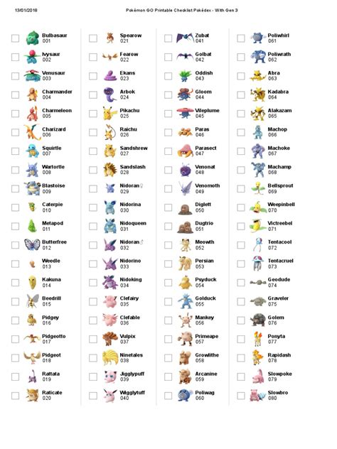 Pokémon GO Printable Checklist Pokédex - With Gen 3 | PDF | Pokémon | Nintendo Franchises