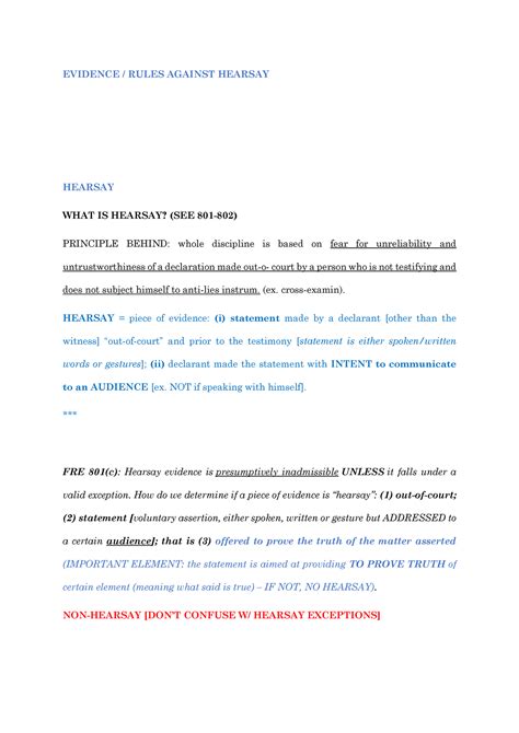 Evidence - Hearsay Definition + 801 Exceptions - EVIDENCE / RULES AGAINST HEARSAY HEARSAY WHAT ...