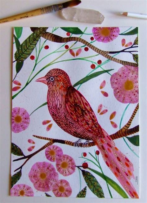 Bird Watercolor Ink Bird Painting Pink Bird Flowers Bird Decor | Etsy