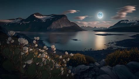 Premium Photo | A full moon is shining over a mountain landscape.