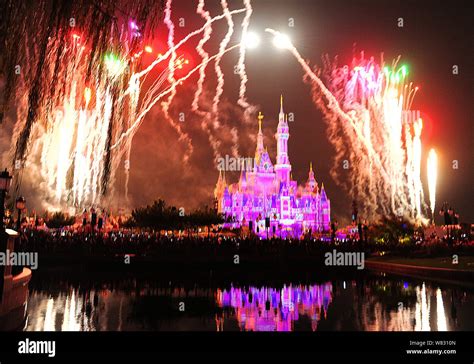 --FILE--Fireworks explode over the Disney Castle in the Shanghai Disneyland at the Shanghai ...